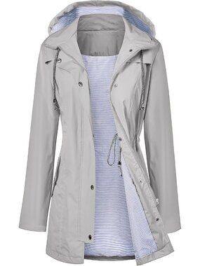 〽️Gray Women's Hooded Rain Jacket Waterproof Long Travel Windbreaker Coat